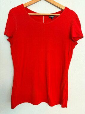 Express Red Short Sleeve Back Zip Top Womens Large Scoop Neck Stretch Tee Casual